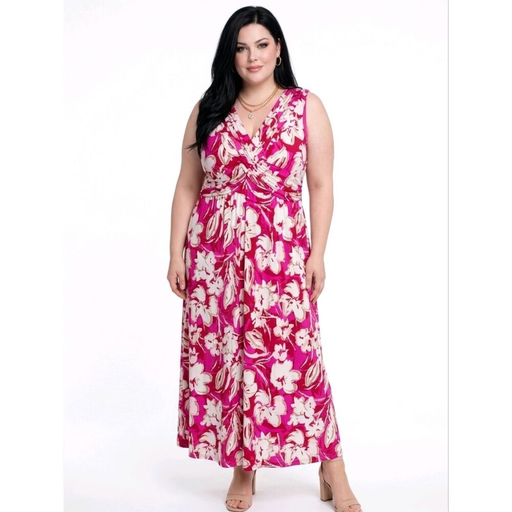 Vince Camuto Pink Multi Floral Tropical Printed ITY Maxi Dress Size 18W